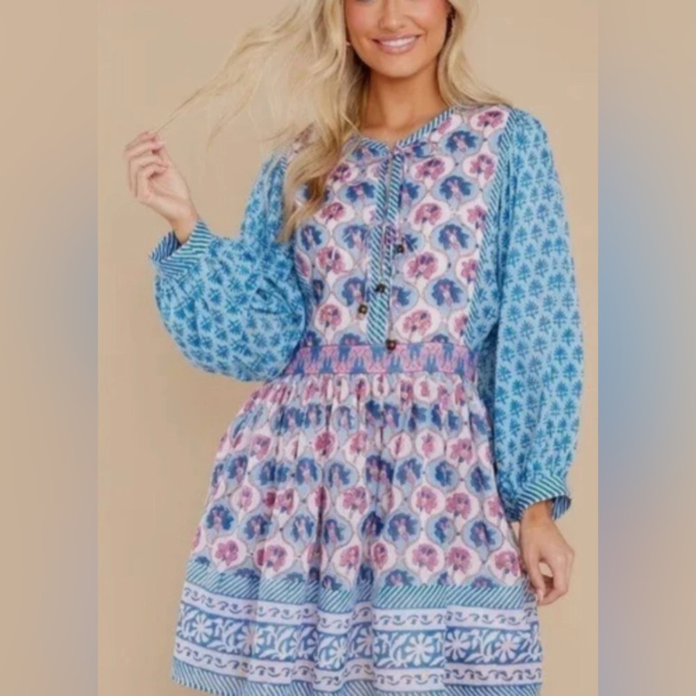 Oliphant Blue Tie Front Floral‎ Dress Iris Blue Bohemian Resort Coquette Fairy